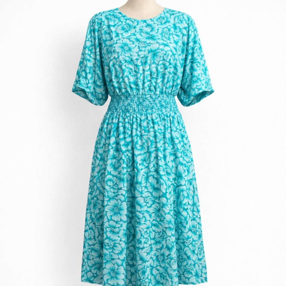 Vintage 80s Floral Smocked Midi Dress Size M Teal Blue Preppy Coquette USA Made